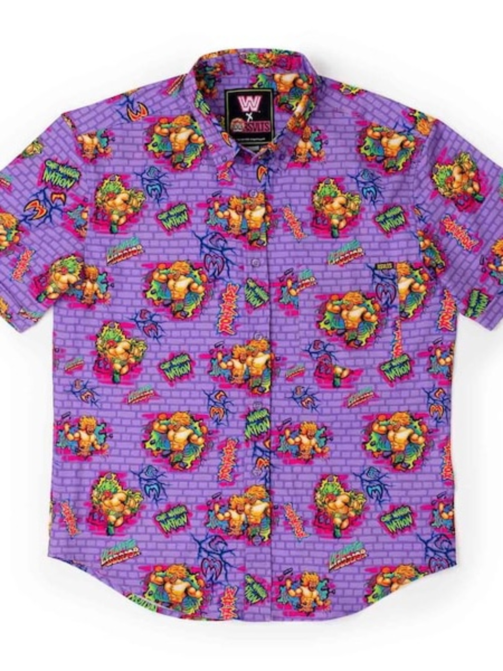 RSVLTS WWE Purple Short-Sleeve Graphic Button-Down Shirt with Neon Print